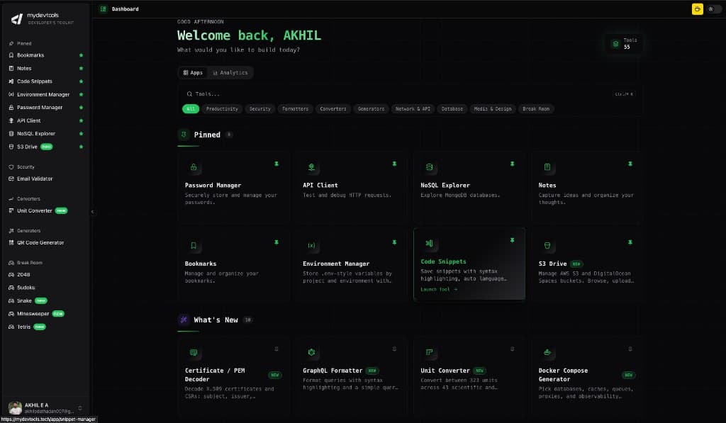 MyDevTools dashboard with pinned tools, search, and app grid